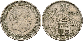 Испания 25 песет 1957 (59) Франсиско Франко (1939 - 1975) KM 787 медно-никель 4149-1024