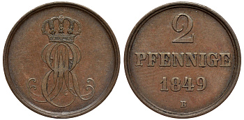 Ганновер 2 пфеннига 1849 B, Эрнст Август (1837-1851) KM 202.1, AKS 124, J. 75 медь 75-1927