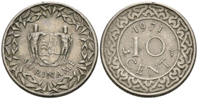 Суринам 10 центов 1971 KM 13 медно-никель 4585-851