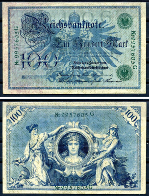 Германия 100 марок 1908 7 февраля 1908, выпуск конец 1916 - ноябрь 1918, зеленая печать Pick 34 бумага 8619-29-1-1