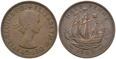 Великобритания 1/2 пенни 1960 Елизавета II (1952-2022) KM 896, Spink 4158 бронза 4610-711