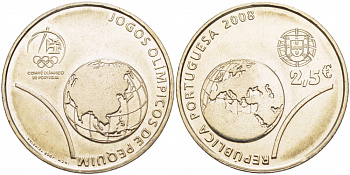 Португалия 2 1/2 евро 2008 XXIX Летние Олимпийские игры 2008 года в Пекине, земной шар KM 790 медно-никель UNC 4512-644