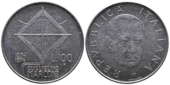 ИТАЛИЯ 100 ЛИР 1974 R, 100 ЛЕТ МАРКОНИ KM 102 нержавеющая сталь 3333-843