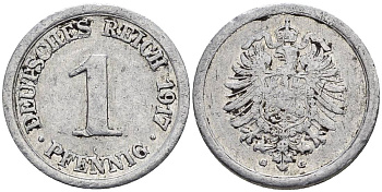 Германия 1 пфенниг 1917 G KM 24, J. 300, Weege 2 алюминий 4547-118
