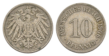 Германия 10 пфеннигов 1906 D, Вильгельм II (1888-1918) KM 12, J. 13 медно-никель 4644-1161
