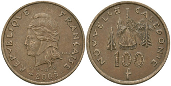 Французская Новая Каледония 100 франков 2005 хижина среди сосен и пальм, (IEOM) KM 15, Schoen 16, Lec 139i никель бронза 111-436