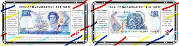 Новая Зеландия 10 долларов 1990 банкнота в оригинальном конверте и информационном холдаре - 150-летие - Мирный договор Вайтанги (1840-1990), префикс ВВВ Pick 176 бумага UNC (пресс) 451-1256-1