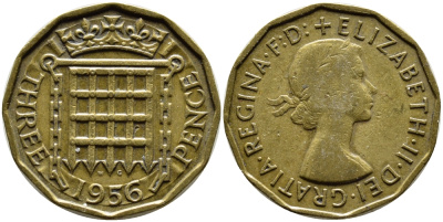 Великобритания 3 пенса 1956 Елизавета II (1952-2022) KM 900, Spink 4153 никель латунь 4390-214