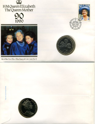 Остров Мэн 1 крона 1990 90 лет королеве-матери, в оригинальном конверте с маркой KM 307 медно-никель UNC 966-11
