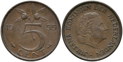 НИДЕРЛАНДЫ 5 ЦЕНТОВ 1955 ЮЛИАНА KM 181 бронза 113-654