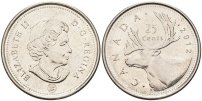 Канада 25 центов 2012 олень, Елизавета II (1952-) KM 493 никелированная сталь 4579-1114