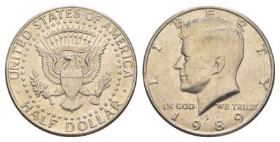 США 1/2 доллара (50 центов) 1989 P, Джон Кеннеди KM A202b медь плакированная медно-никелем aUNC 4517-613
