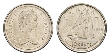 Канада 10 центов 1989 Елизавета II (1952-2022), парусник KM 77 никель 4630-839
