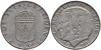 Швеция 1 крона 1978 Карл XVI Густав (1973- ) KM 852 медь плакированная медно-никелем 56-516