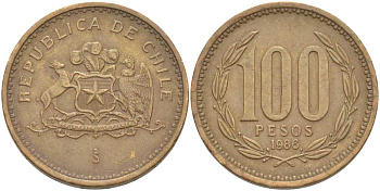 Чили 100 песо 1986 KM 226.1 алюминиевая бронза 00-00