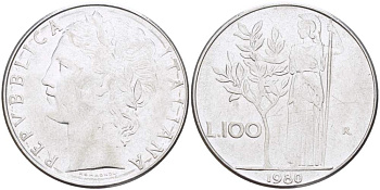 ИТАЛИЯ 100 ЛИР 1980 R, АФИНА KM 96.1 нержавеющая сталь 4526-335