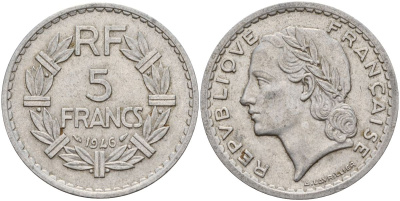 Франция 5 франков 1946 KM 888b.2 алюминий 4149-325