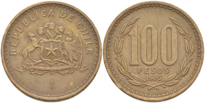 Чили 100 песо 1986 KM 226.1 алюминиевая бронза 00-00
