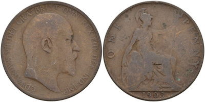 Великобритания 1 пенни 1903 Эдуард VII (1901-1910) KM 794.2, Sp 3990 бронза 4144-733