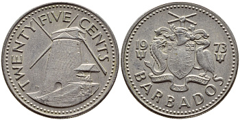 Барбадос 25 центов 1973 ветряная мельница Моргана Льюиса KM 13 медно-никель 4398-315