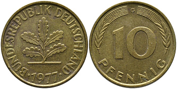 ФРГ 10 ПФЕННИГОВ 1977 G KM 108, J.383 сталь плакированная латунью 98-517