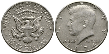 США 1/2 доллара (50 центов) 1974 D, Джон Кеннеди KM 202b медь плакированная медно-никелем 4607-1026