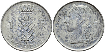 БЕЛЬГИЯ 1 ФРАНК 1952 BELGIQUE KM 142.1 медно-никель 4388-134