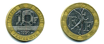 Франция 10 франков 1990 тип Гений Бастилии KM 964.1, Le Frank 375.5 биметалл 36-825