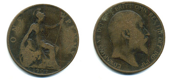 Великобритания 1 пенни 1907 Эдуард VII (1901-1910) KM 794.2, Spink 3990 бронза 47-511