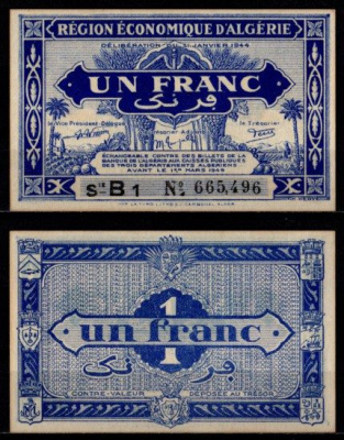Алжир 1 франк 1944 Pick 98 a бумага UNC (пресс) 7217-16-3-2