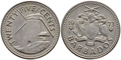Барбадос 25 центов 1973 ветряная мельница Моргана Льюиса KM 13 медно-никель 4398-315