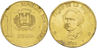 Доминиканская республика 1 песо 1991 Хуан Пабло Дуарте KM 81 медь цинк 4551-734