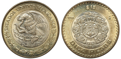 Мексика 10 песо 1998 Мо, бог Тонатиуха с огненной маской KM 616 биметалл UNC 4367-1045