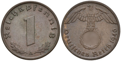 Германия 1 рейхспфенниг 1940 A KM 89, J. 361 бронза 4147-1231