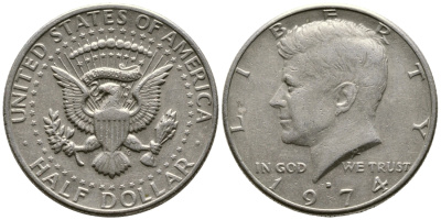 США 1/2 доллара (50 центов) 1974 D, Джон Кеннеди KM 202b медь плакированная медно-никелем 4607-1026