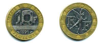 Франция 10 франков 1990 тип Гений Бастилии KM 964.1, Le Frank 375.5 биметалл 36-825