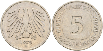 ФРГ 5 марок 1975 D, монетный двор Мюнхен КМ 140.1, J. 415 медно-никель плакированный никелем 4607-326