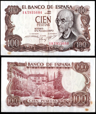 Испания 100 песет 1970 Pick 152 a бумага 8621-26-3-2