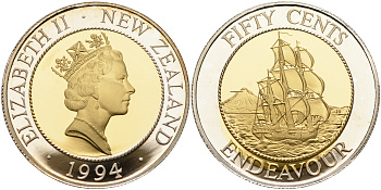 Новая Зеландия 50 центов 1994 парусник Индевор, сертификат, тираж 500 экземпляров,биметалл, жетое и белое золото KM 90 b золото  PROOF 00-000-00