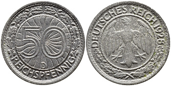 Германия 50 рейхспфеннигов 1928 D KM 49, J. 324 никель 4387-1158