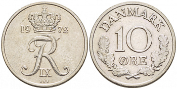 ДАНИЯ 10 ЭРЕ 1972 S; S, ФРЕДЕРИК IX (1947-1972) KM 849.2 медно-никель 3996-1058