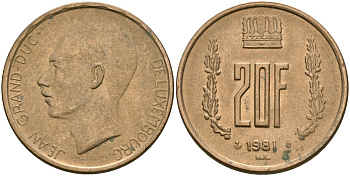 Люксембург 20 франков 1981 герцог Жан (1964-1999) KM 58 алюминиевая бронза 4120-1146