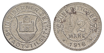 Тильзит (сейчас - Советск) 1/2 марки 1918 Funck 540.2, Men18 31302.2 железо UNC 1527-522
