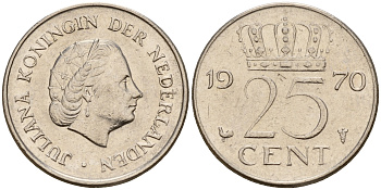 Нидерланды 25 центов 1970 Юлиана (1949-1980) KM 183 никель    4598-457