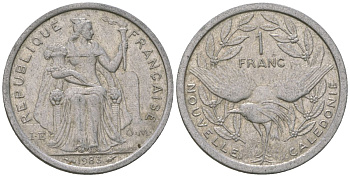 Французская Новая Каледония 1 франк 1983 птица кагу, (IEOM) KM 10, Schoen 10, Lec 46 алюминий    51-2432