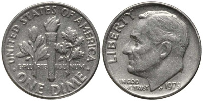 США 10 ЦЕНТОВ = 1 ДАЙМ 1979 РУЗВЕЛЬТ KM 195а медь плакированная медно-никелем 112-639