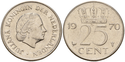 Нидерланды 25 центов 1970 Юлиана (1949-1980) KM 183 никель    4598-457