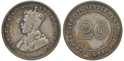 Стрейтс-Сетлментс 20 центов 1927 Георг V (1910-1936) КМ 30b серебро 53-815