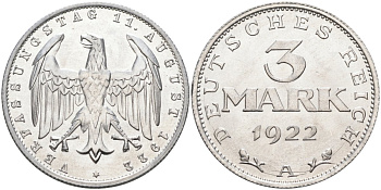Германия 3 марки 1922 A, третья годовщина Веймарской Конституции KM 29, J.303 алюминий UNC 4587-326