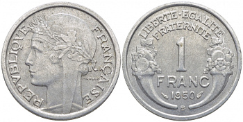 ФРАНЦИЯ 1 ФРАНК 1950 В KM 885а.2 алюминий 4448-325